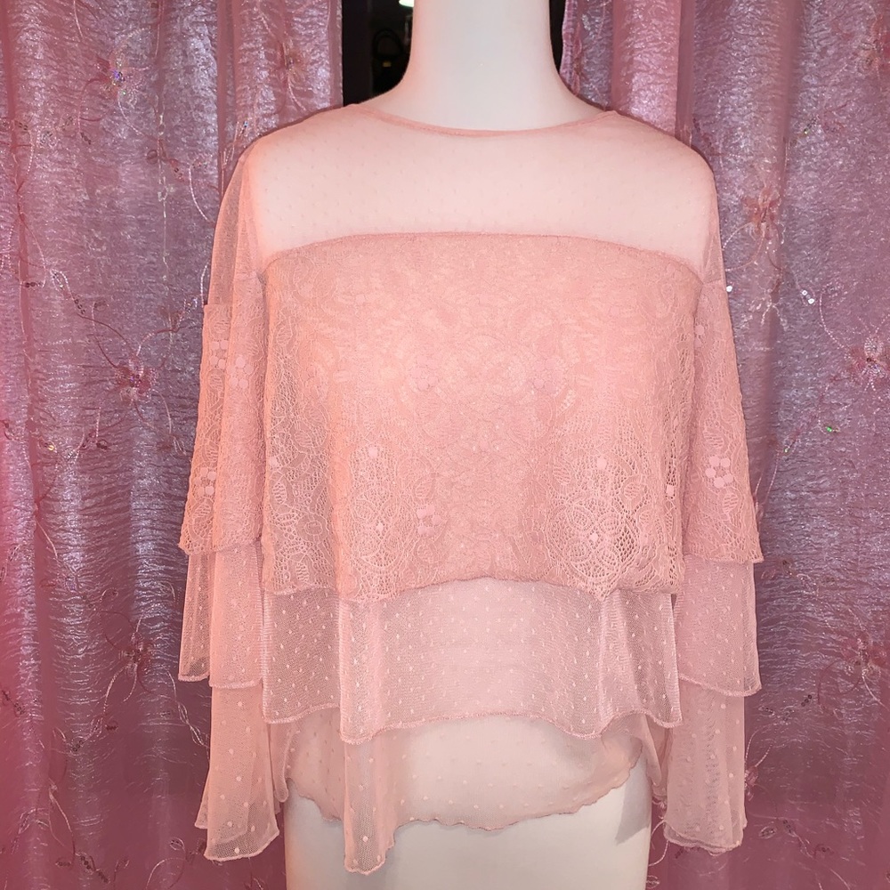 Stunning Ruffle Long Sleeved Lace Pink Top